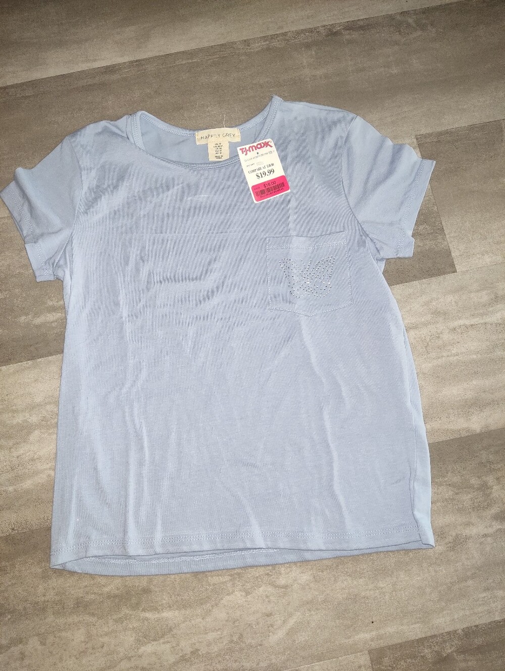 NWT Happily Grey Women's Medium Light Blue Rhinestone Butterfly Pocket T-Shirt